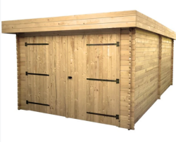 Garage Madriers Bois Massif Toit Plat avec Bac Acier / 28 mm / surf. ext : 21,45m² / Toiture Mono Pente